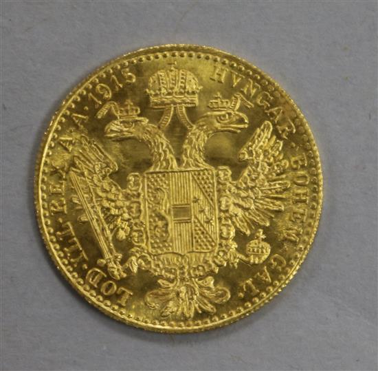 A 1915 Austrian one ducat gold coin (restrike)